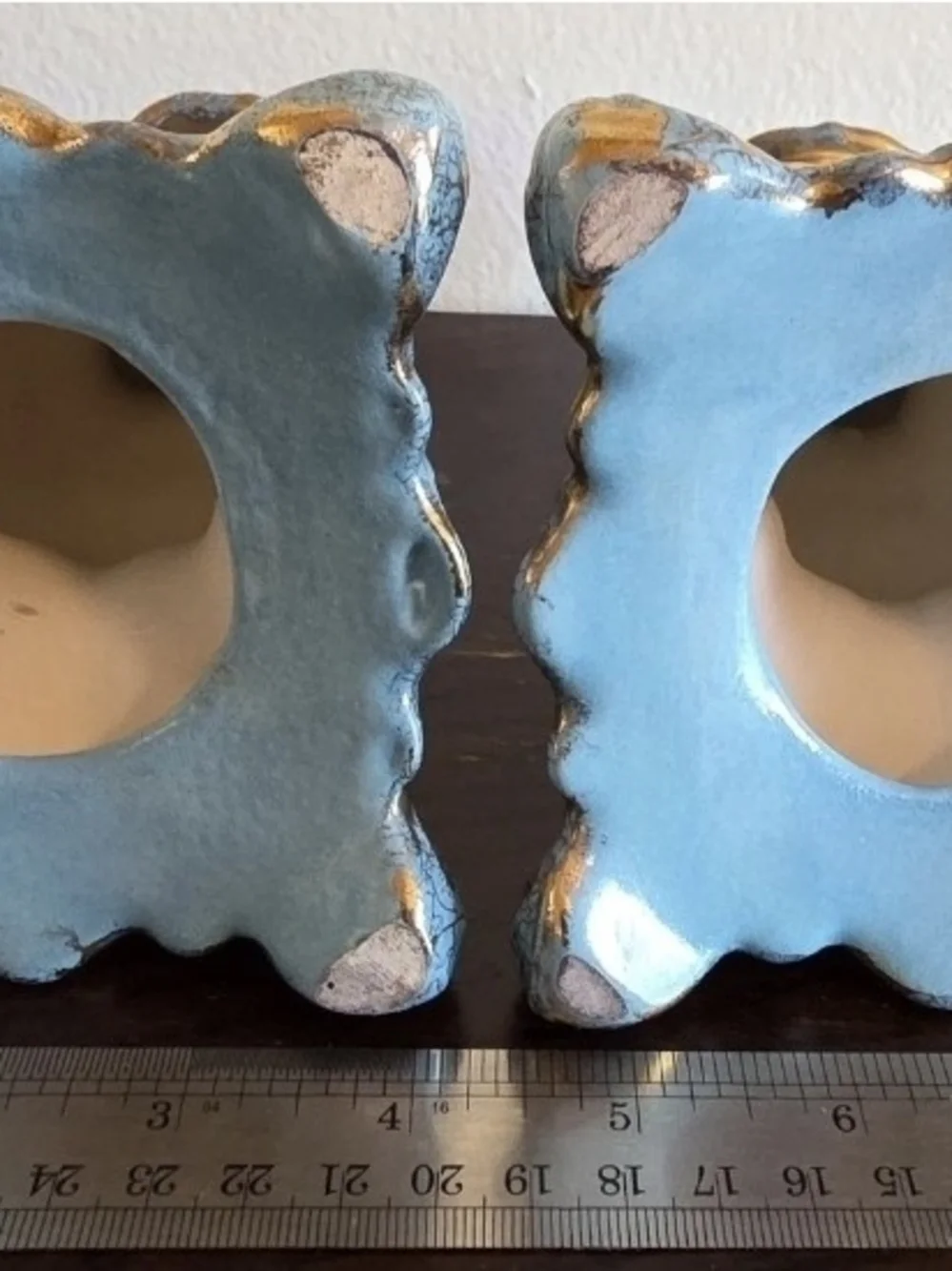 Home Accents Blue and Gold Distressed Ceramic Candlestick Pair